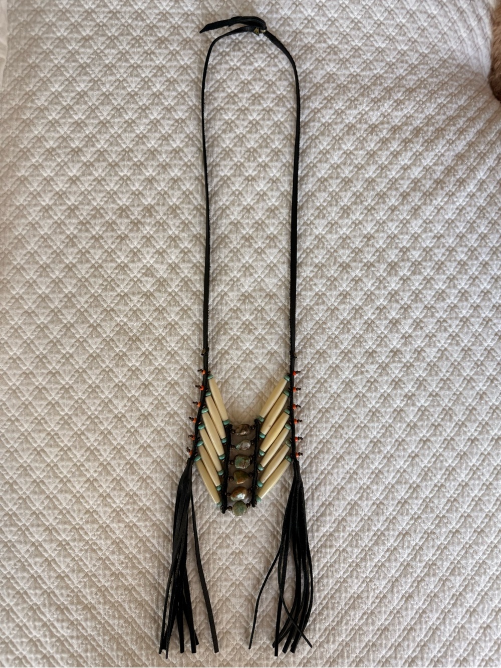 Beaded Fringe Necklace with Leather, Turquoise and Ivory Bead Accents